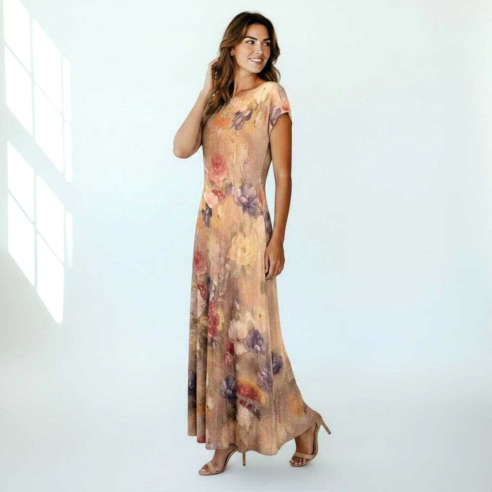 Vintage Jeffrey & Dara Floral Gold Maxi Dress Women's 10 Pink Beige Stretch